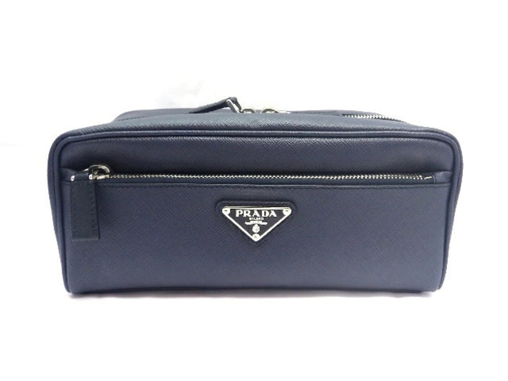 Prada bag clutch embossed leather Navy Blue